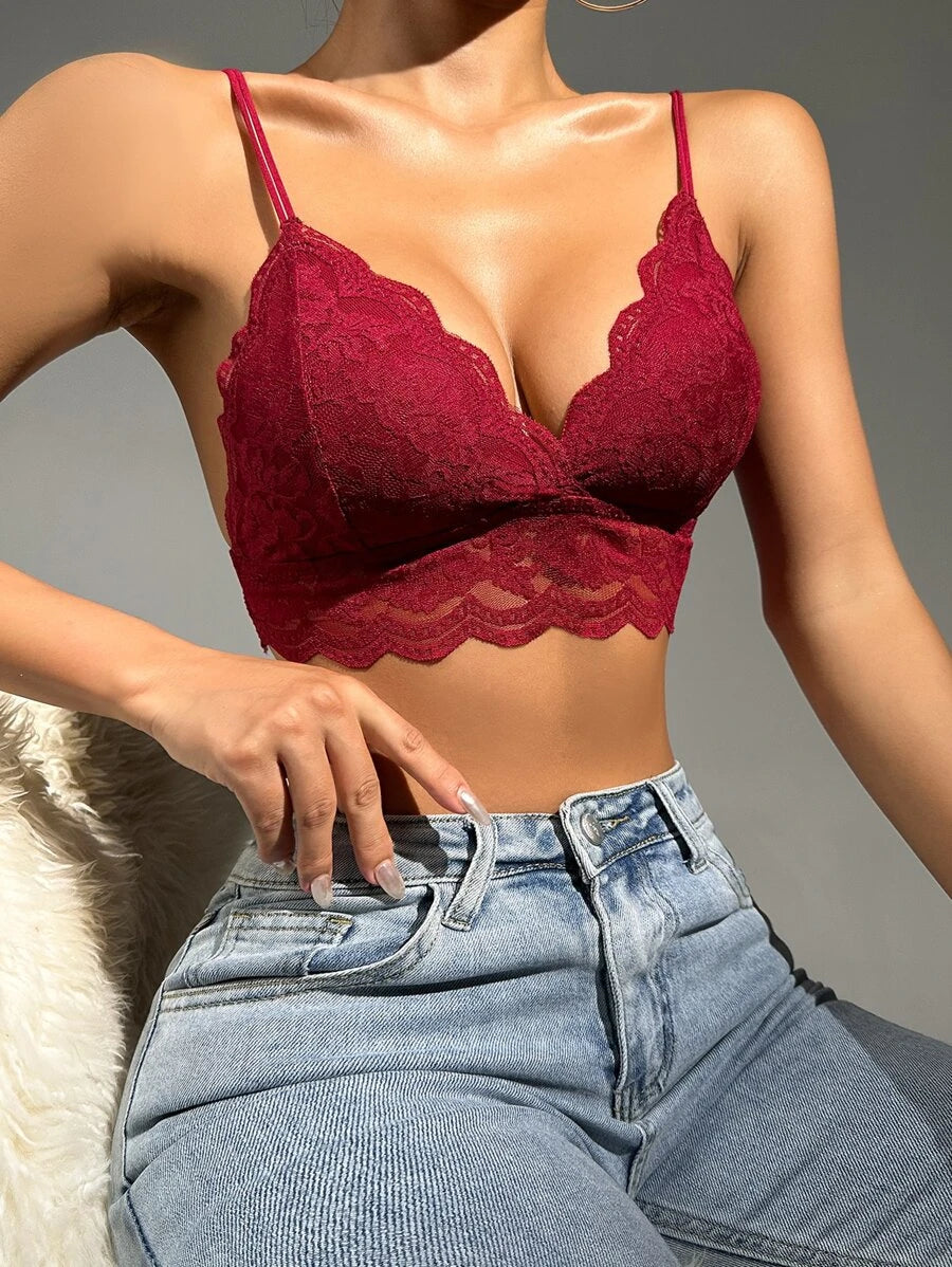 Floral Lace Scallop Trim Bralette-Soco Hoodie