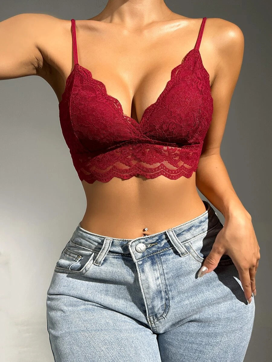 Floral Lace Scallop Trim Bralette-Soco Hoodie