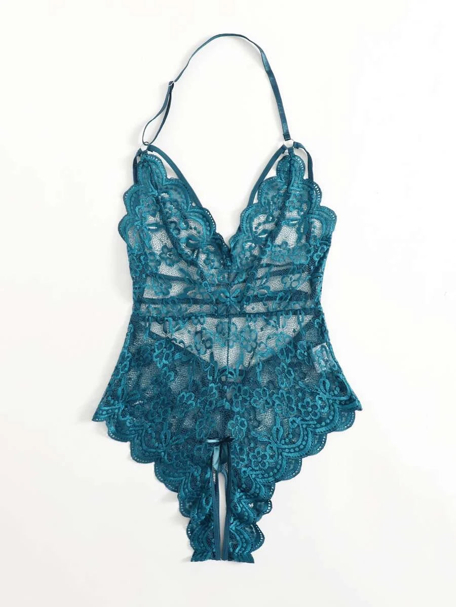 Floral Lace Scalloped Crotchless Teddy Bodysuit-Soco Hoodie