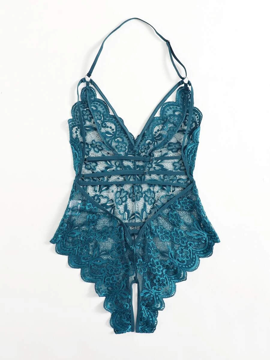 Floral Lace Scalloped Crotchless Teddy Bodysuit-Soco Hoodie