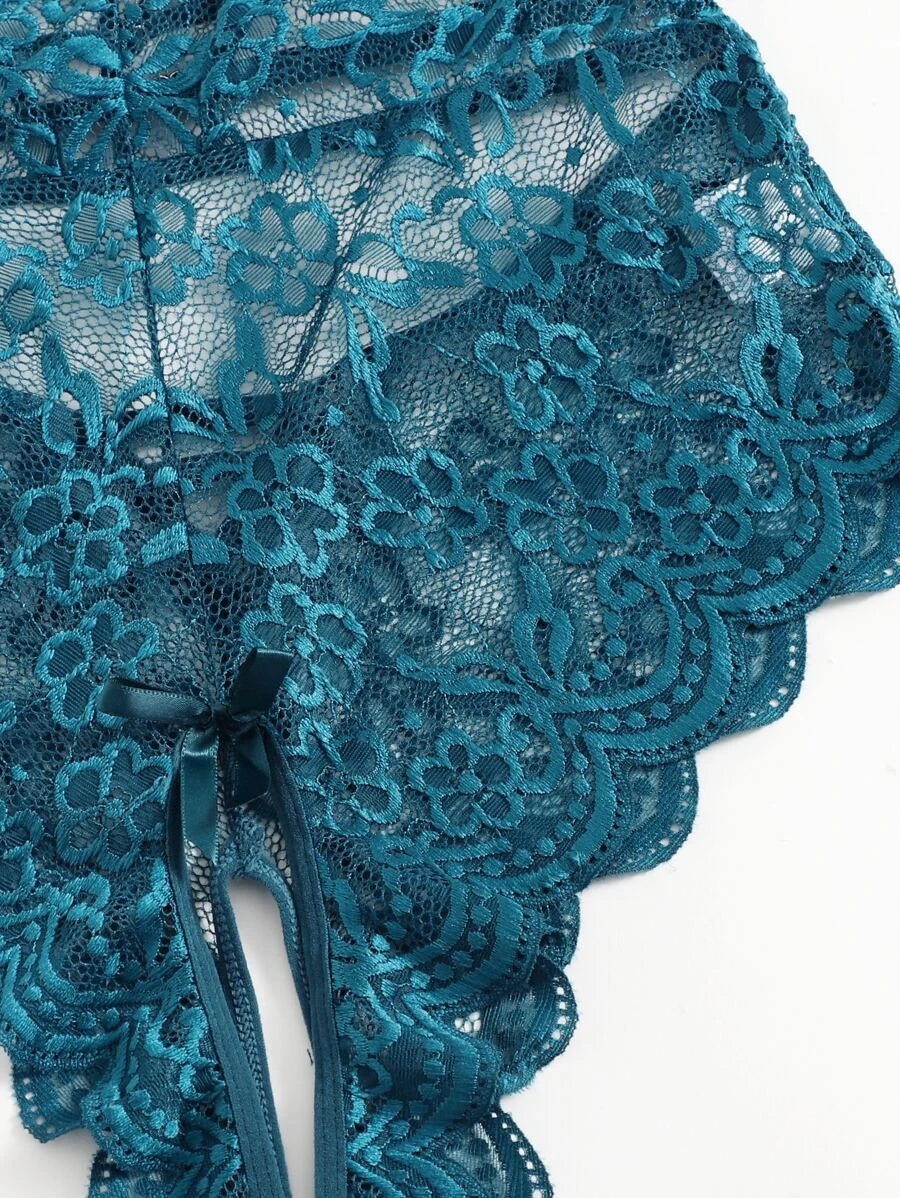 Floral Lace Scalloped Crotchless Teddy Bodysuit-Soco Hoodie