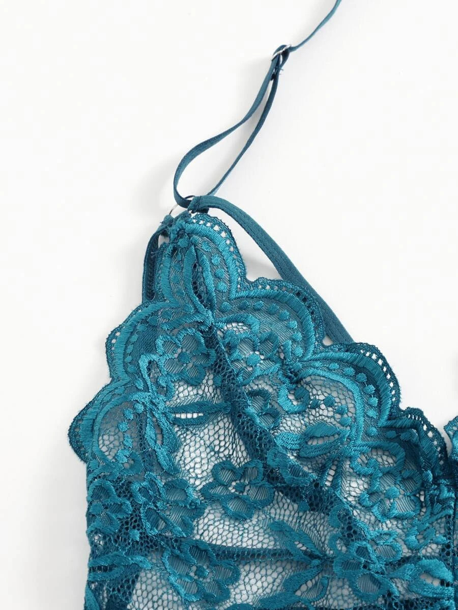 Floral Lace Scalloped Crotchless Teddy Bodysuit-Soco Hoodie