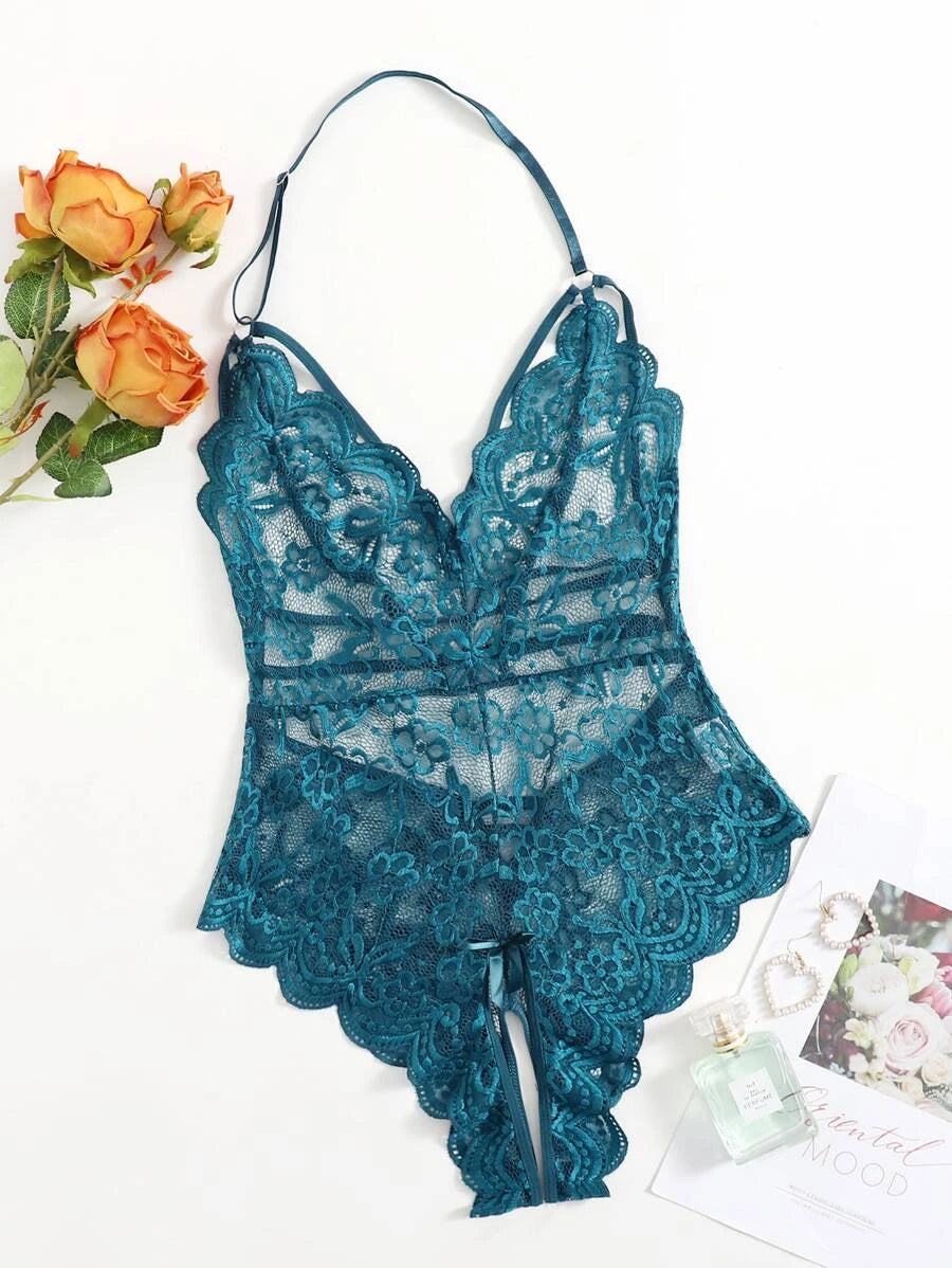 Floral Lace Scalloped Crotchless Teddy Bodysuit-Soco Hoodie