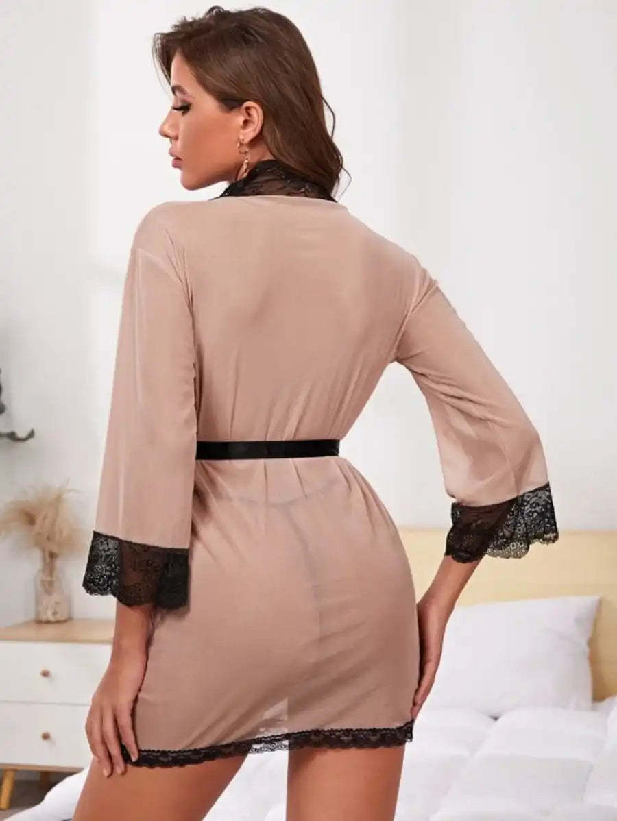 Floral Lace Trim Sheer Robe-Soco Hoodie