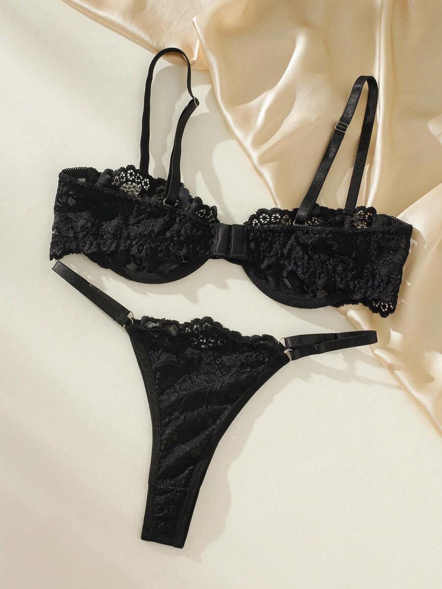 Floral Lace Underwire Thongs Lingerie Set-Soco Hoodie