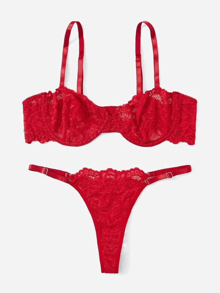 Floral Lace Underwire Thongs Lingerie Set-Soco Hoodie