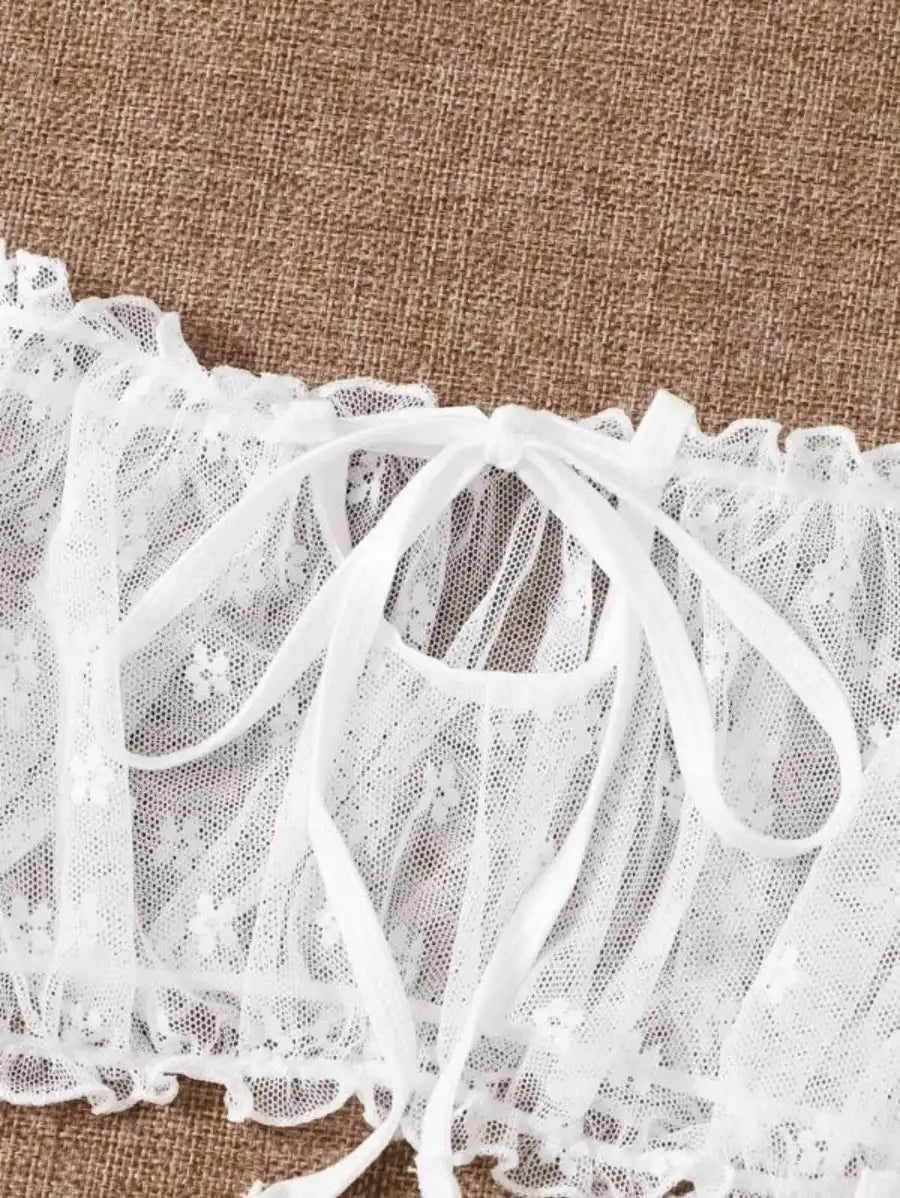 Floral Mesh Lettuce Trim Lingerie Set-Soco Hoodie