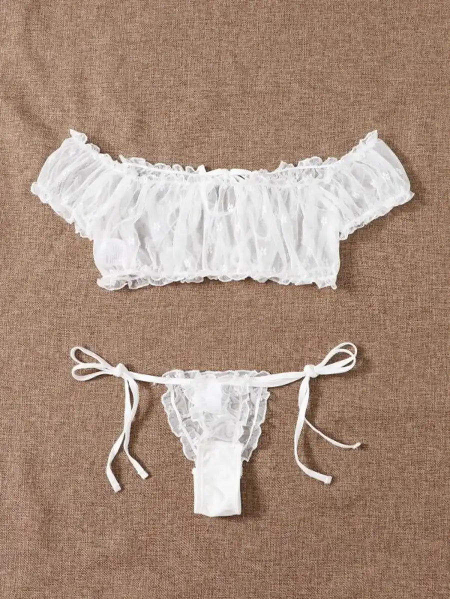 Floral Mesh Lettuce Trim Lingerie Set-Soco Hoodie