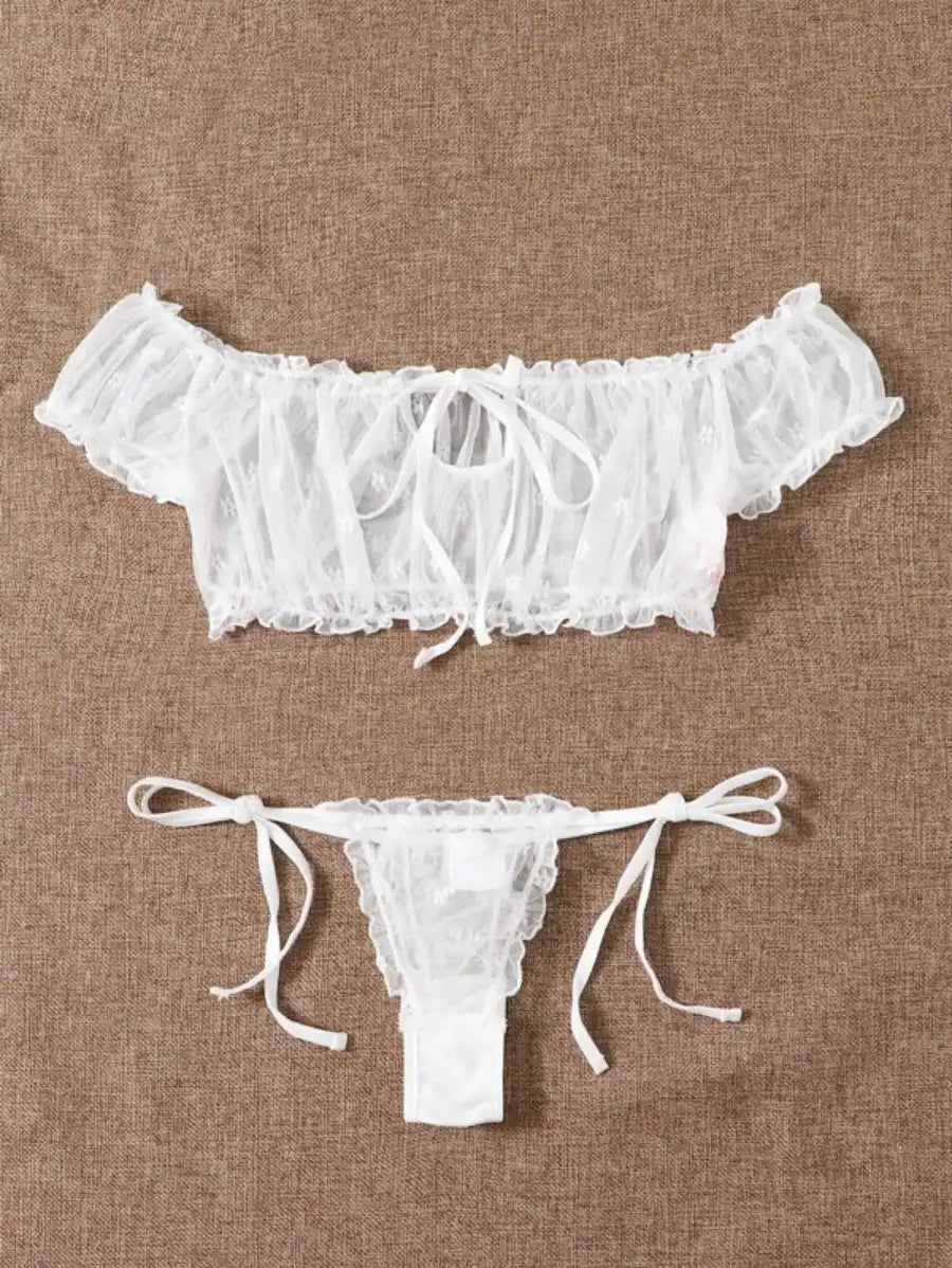 Floral Mesh Lettuce Trim Lingerie Set-Soco Hoodie