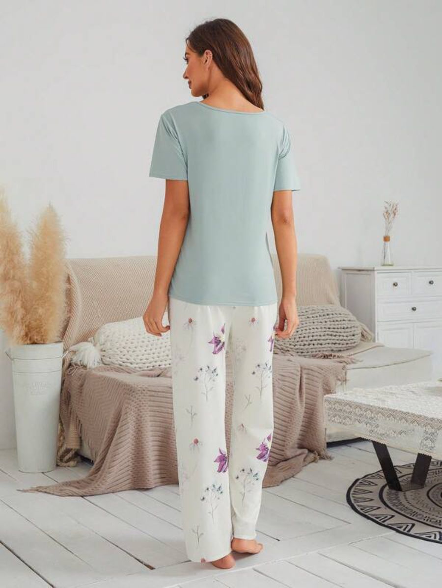 Floral Pattern Bow Front Pajama Set-Soco Hoodie