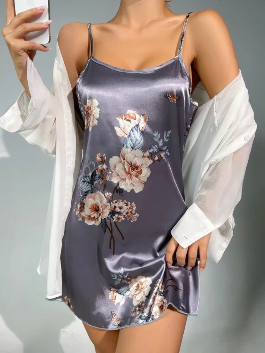 Floral Pattern Satin Cami Nightdress-Soco Hoodie