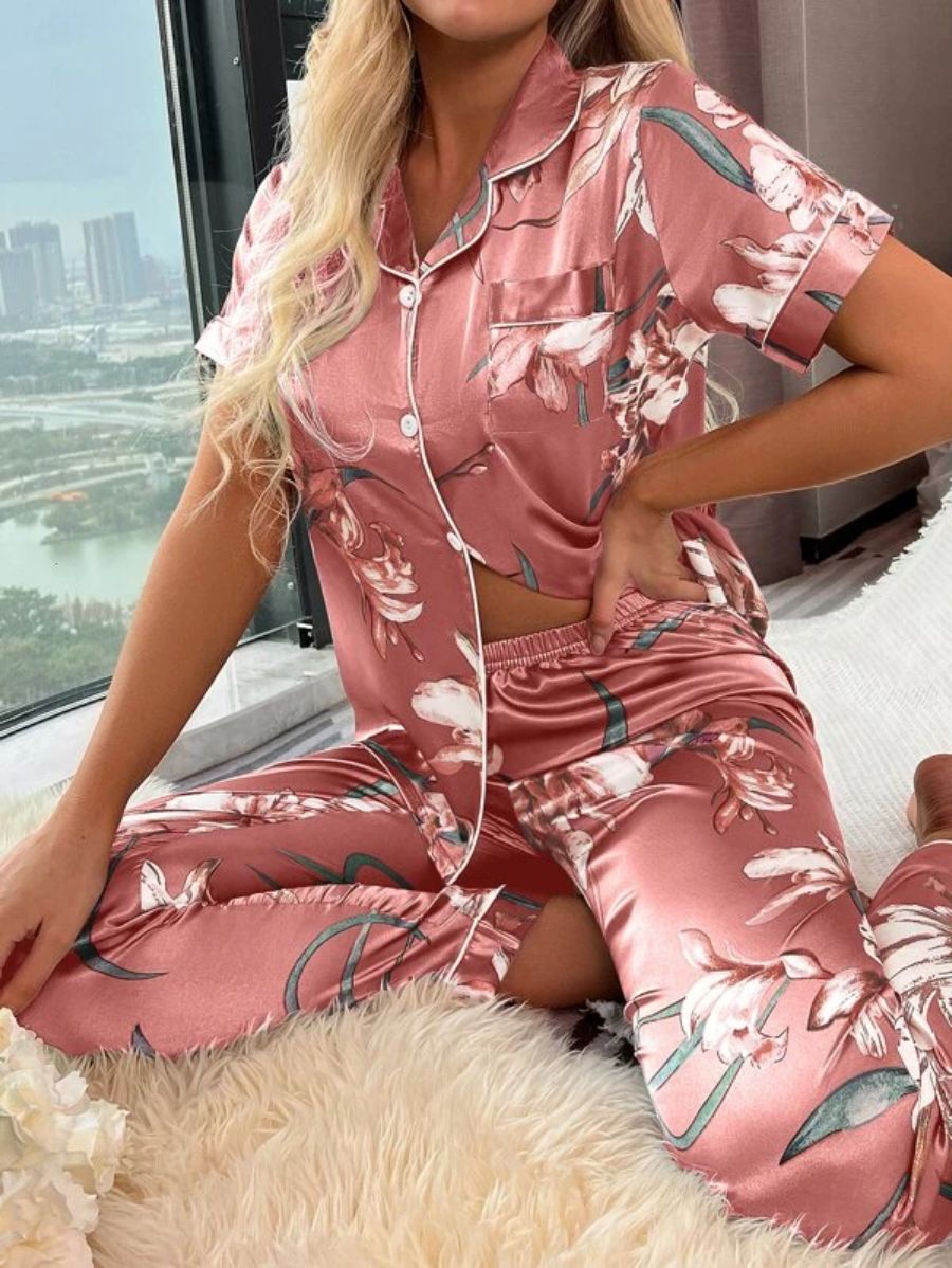 Floral Pattern Satin Lapel Pajama Set-Soco Hoodie