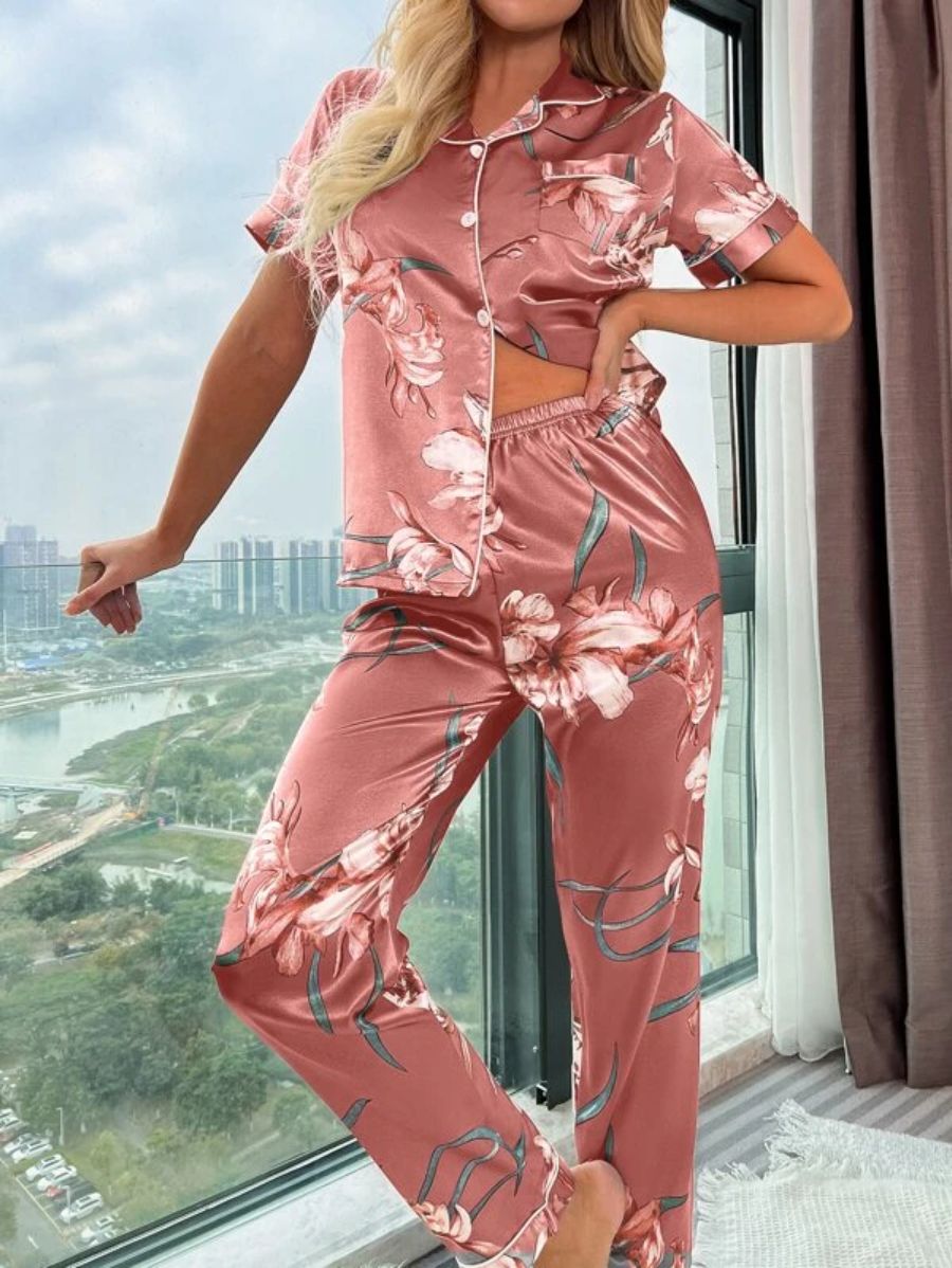 Floral Pattern Satin Lapel Pajama Set-Soco Hoodie