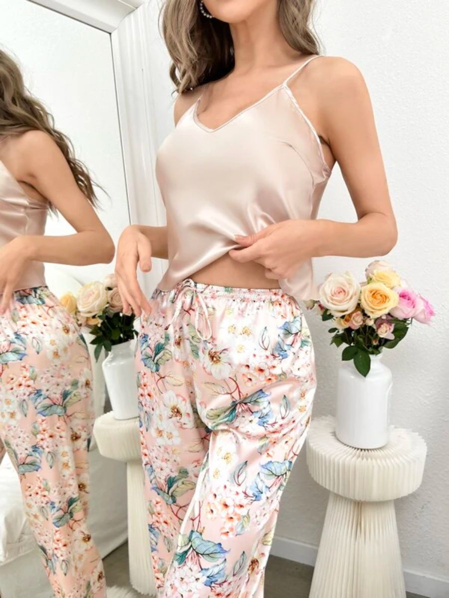 Floral Pattern Satin Pajama Set-Soco Hoodie