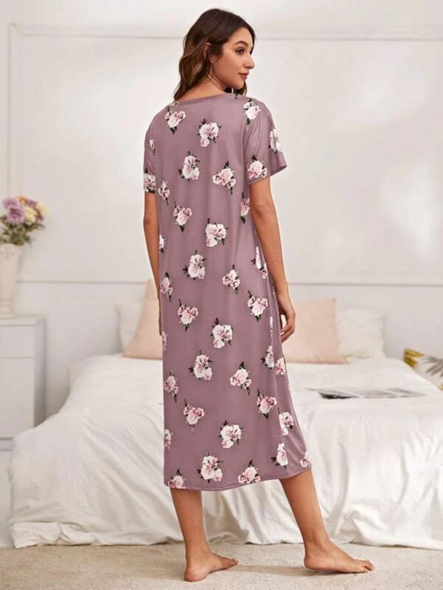 Floral Pattern Scoop Neck Nightdress-Soco Hoodie