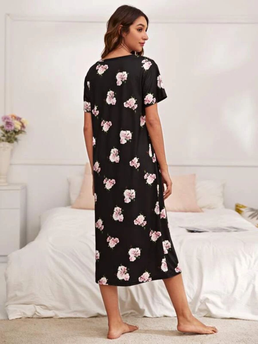 Floral Pattern Scoop Neck Nightdress-Soco Hoodie