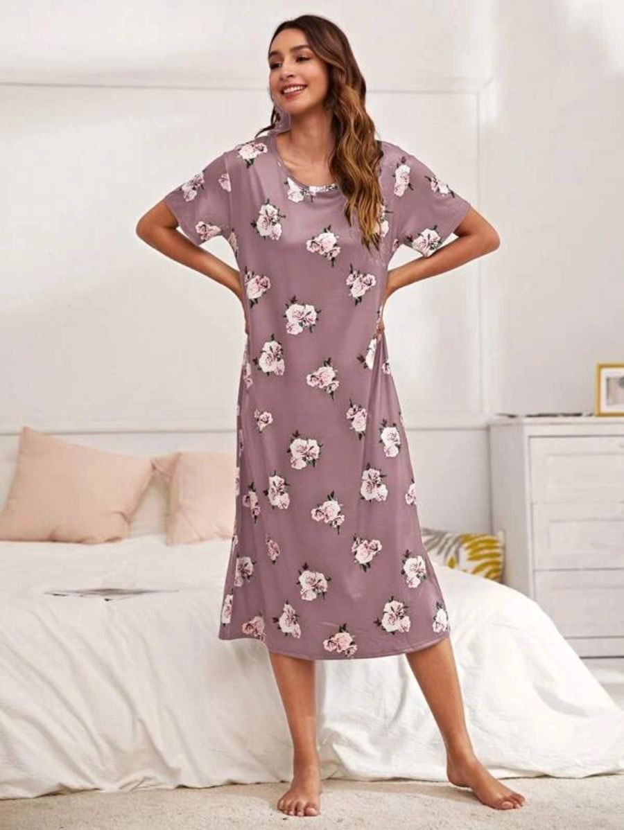 Floral Pattern Scoop Neck Nightdress-Soco Hoodie
