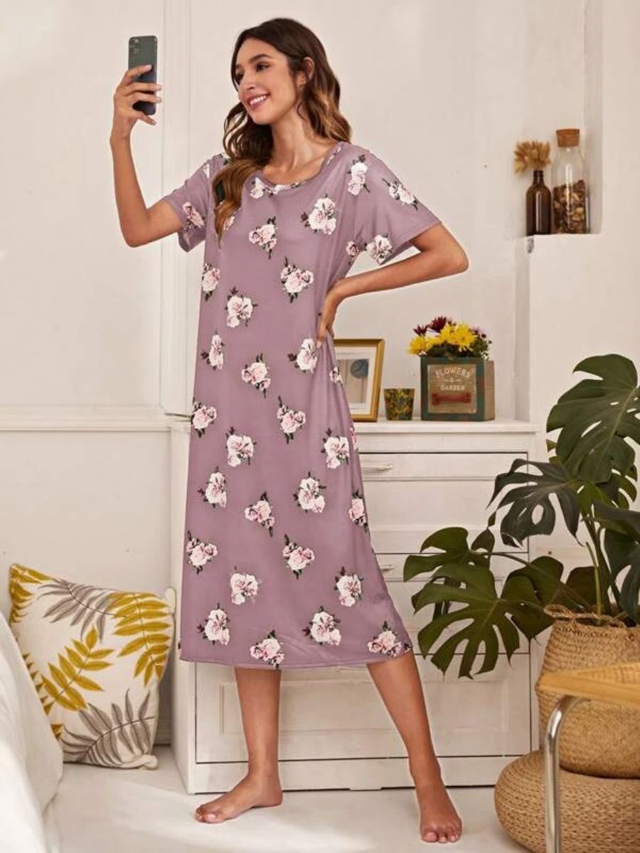 Floral Pattern Scoop Neck Nightdress-Soco Hoodie