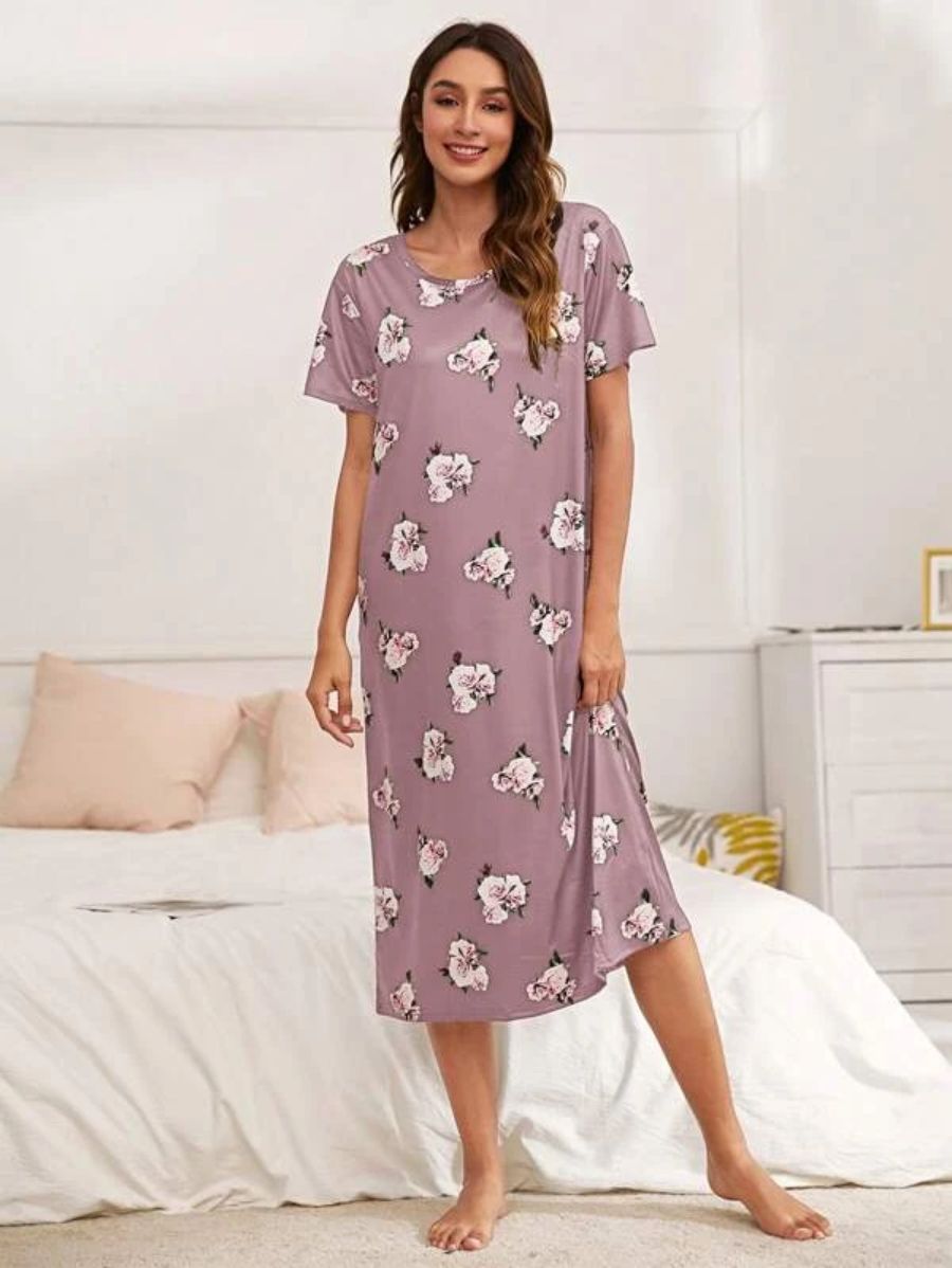 Floral Pattern Scoop Neck Nightdress-Soco Hoodie
