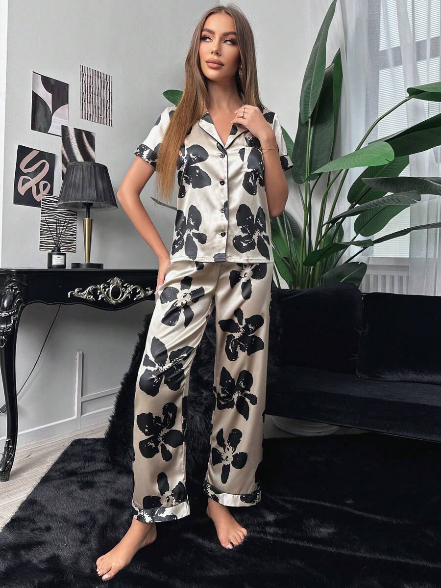 Floral Pocket Print Contrast Piping Satin Set-Soco Hoodie