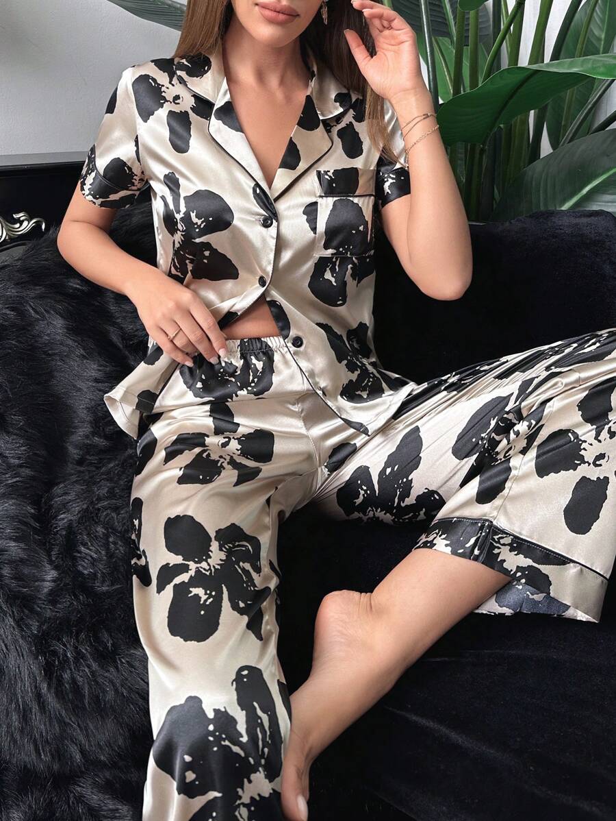 Floral Pocket Print Contrast Piping Satin Set-Soco Hoodie