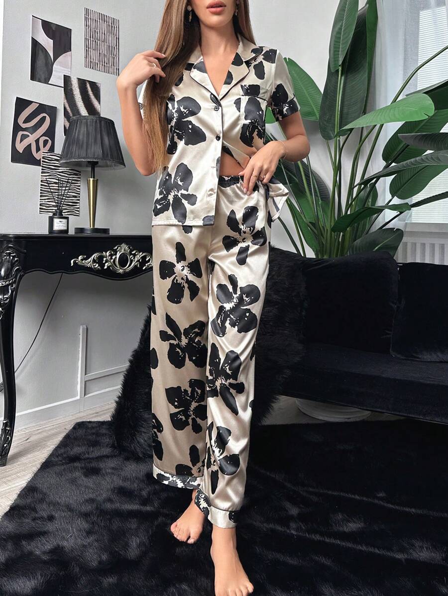 Floral Pocket Print Contrast Piping Satin Set-Soco Hoodie