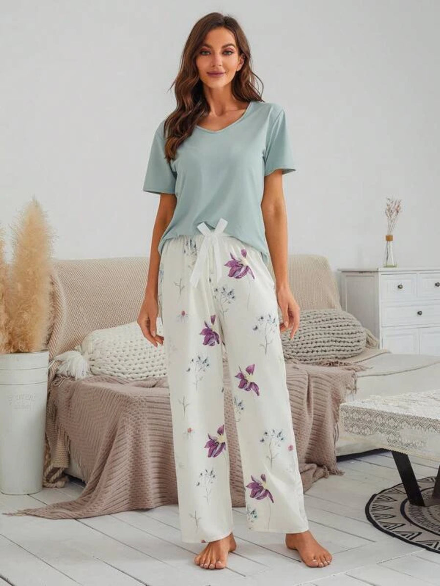Floral Print Bow Front Pant Sets-Soco Hoodie