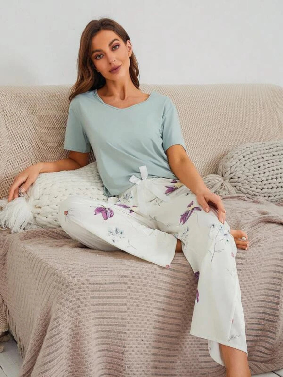 Floral Print Bow Front Pant Sets-Soco Hoodie