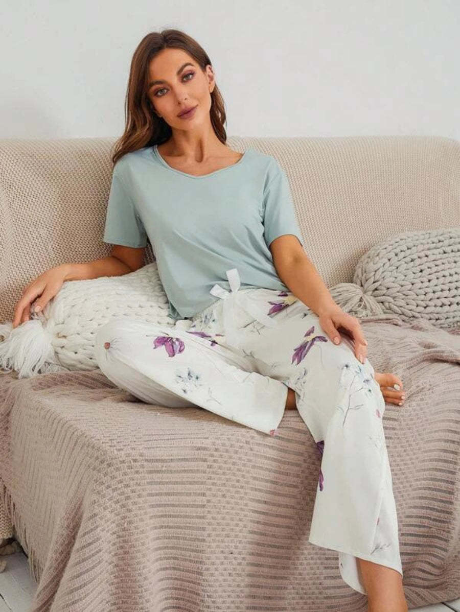 Floral Print Bow Front Pant Sets-Soco Hoodie