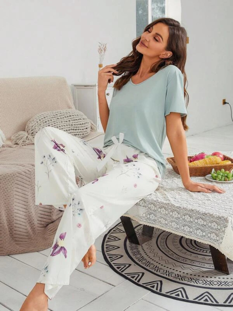 Floral Print Bow Front Pant Sets-Soco Hoodie