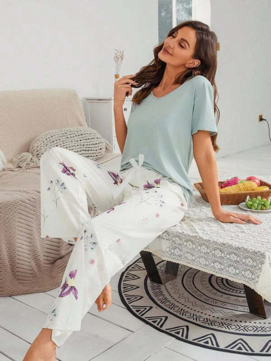 Floral Print Bow Front Pant Sets-Soco Hoodie