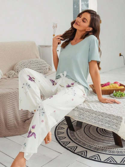 Floral Print Bow Front Pant Sets-Soco Hoodie