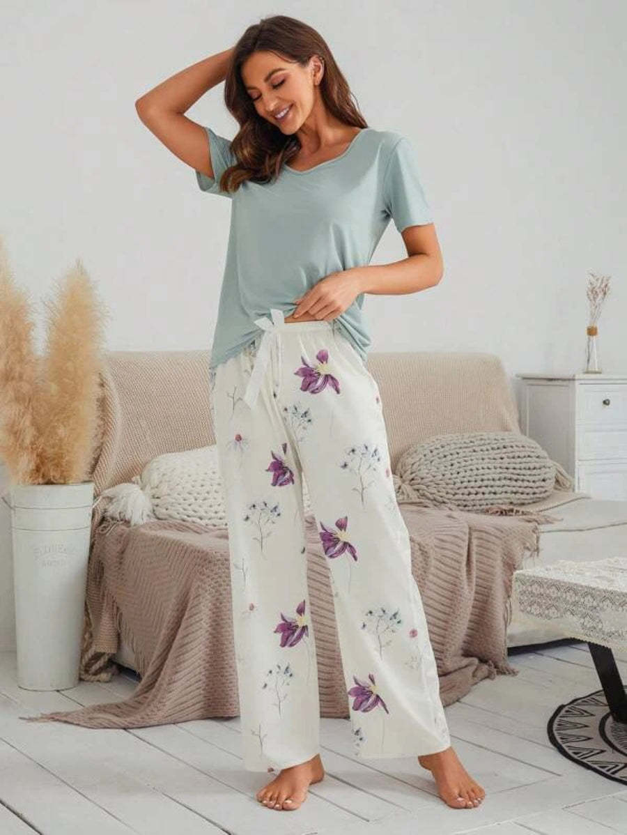 Floral Print Bow Front Pant Sets-Soco Hoodie