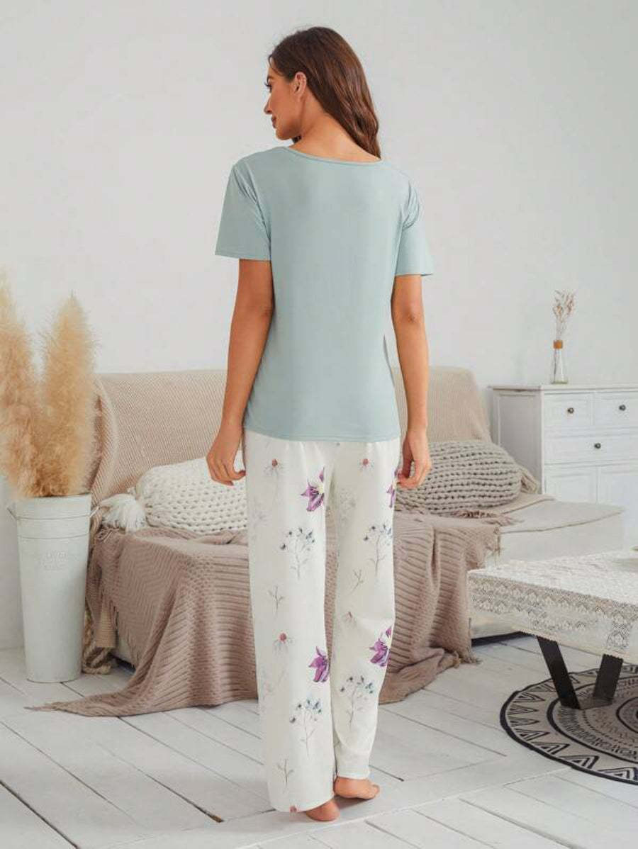 Floral Print Bow Front Pant Sets-Soco Hoodie