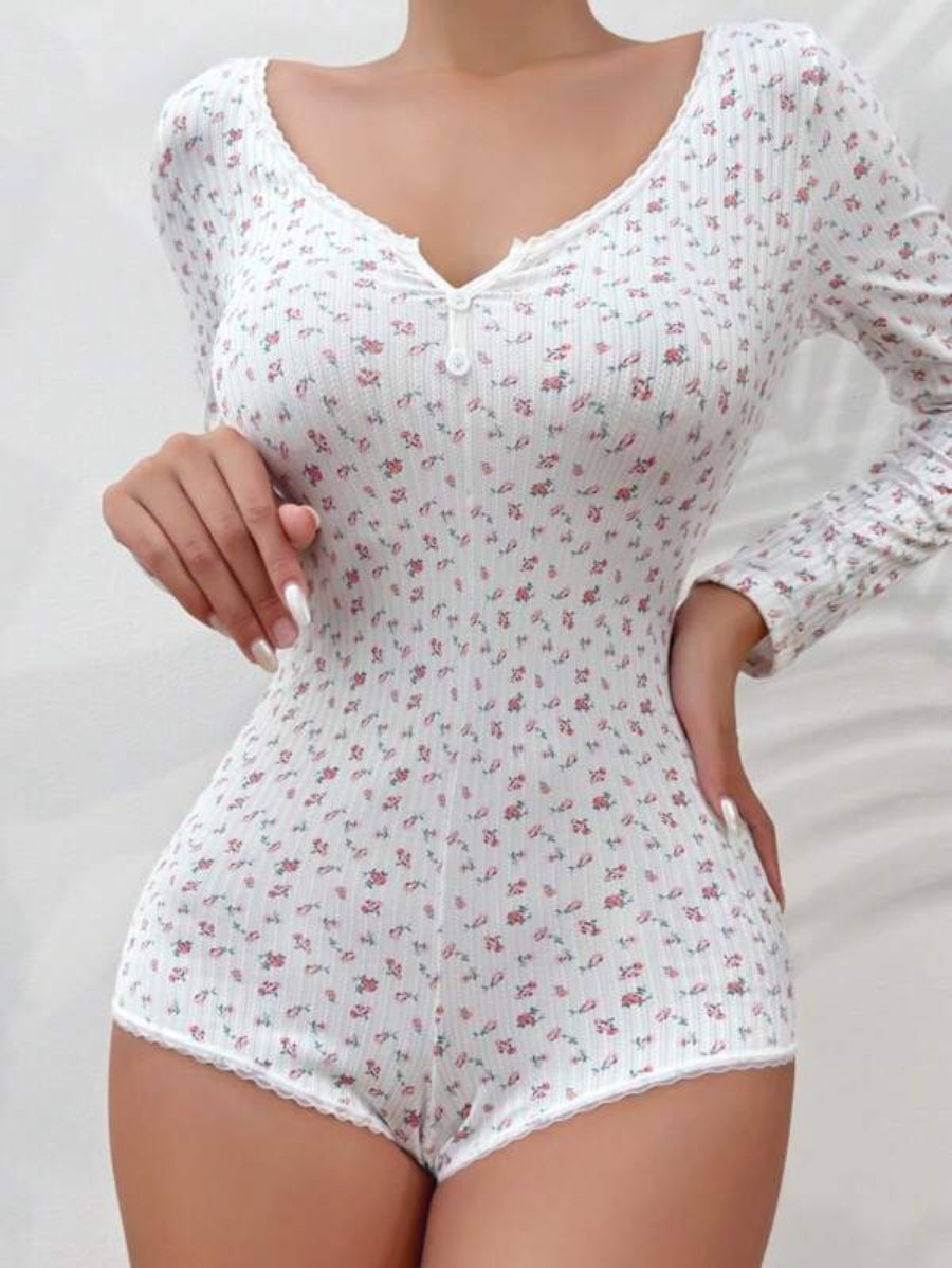 Floral Print Button Front Ribbed Knit Sleep Romper-Soco Hoodie