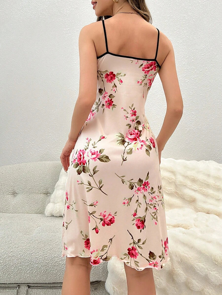 Floral Print Contrast Binding Cami Nightdress-Soco Hoodie