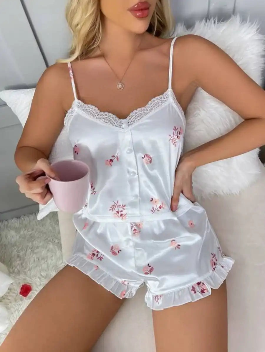 Floral Print Contrast Lace Ruffle Hem Satin Cami Pajama Set-Soco Hoodie