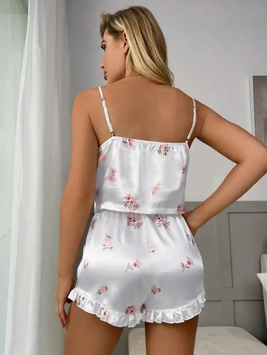 Floral Print Contrast Lace Ruffle Hem Satin Cami Pajama Set-Soco Hoodie