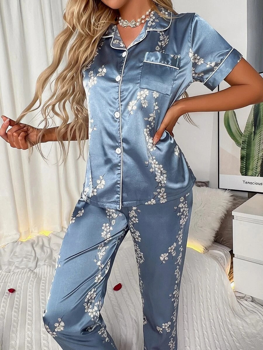 Floral Print Button Through Satin Pajama Set-Soco Hoodie