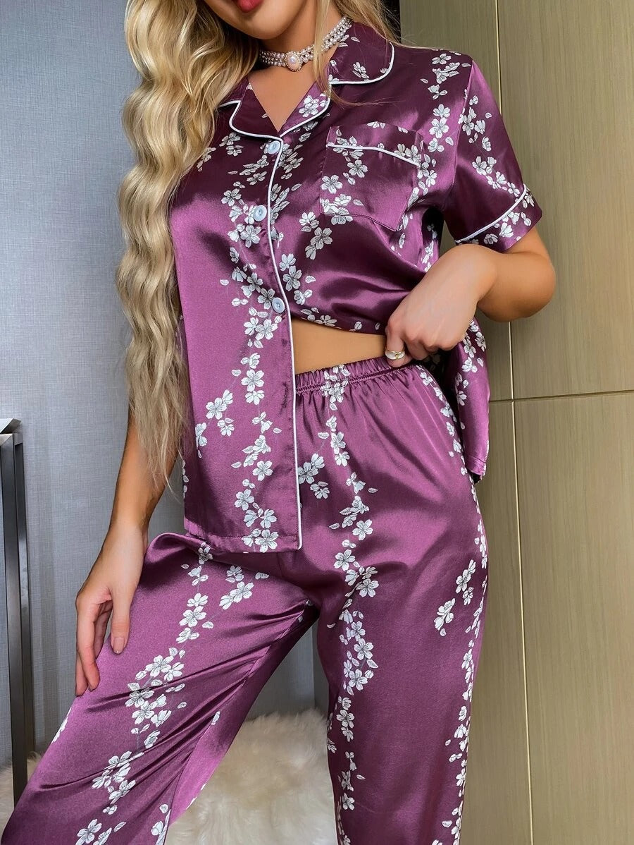 Floral Print Button Through Satin Pajama Set-Soco Hoodie