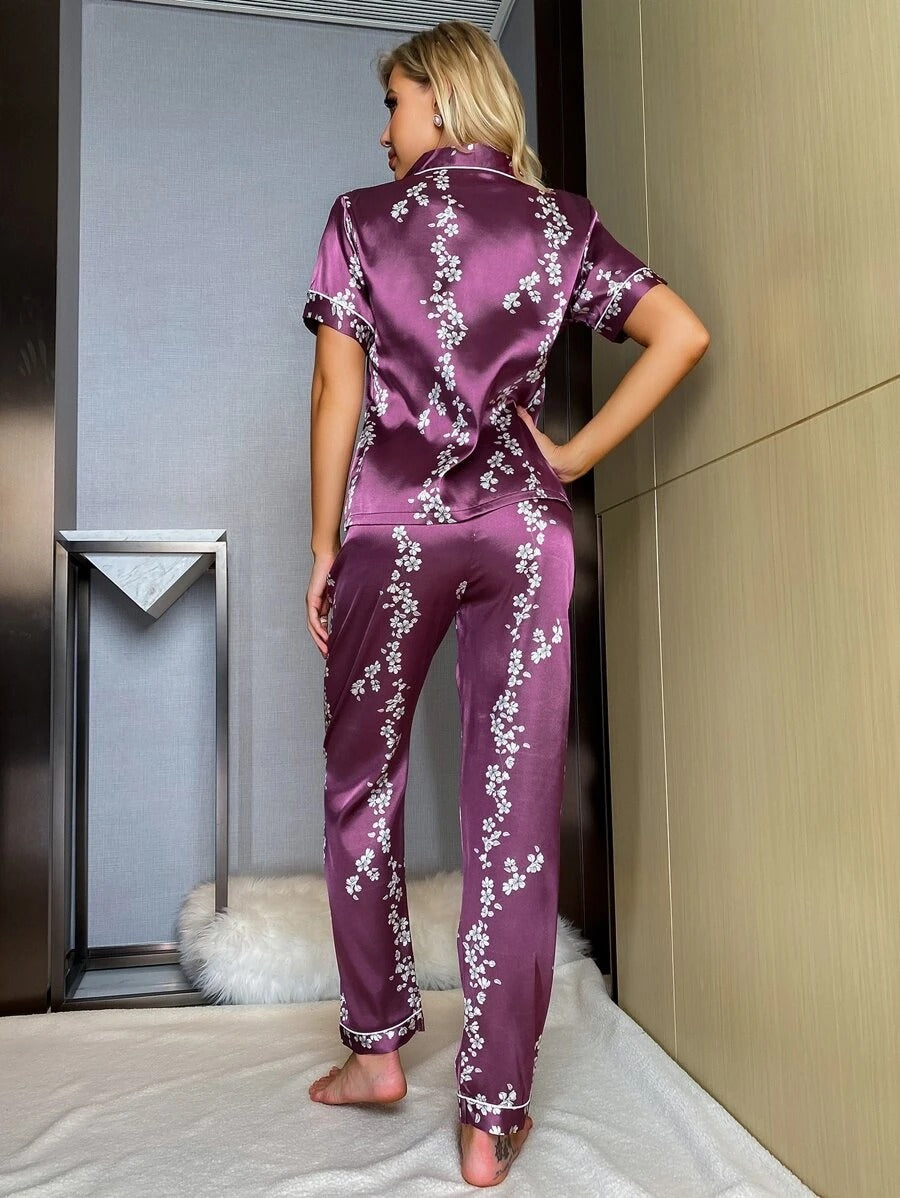 Floral Print Button Through Satin Pajama Set-Soco Hoodie