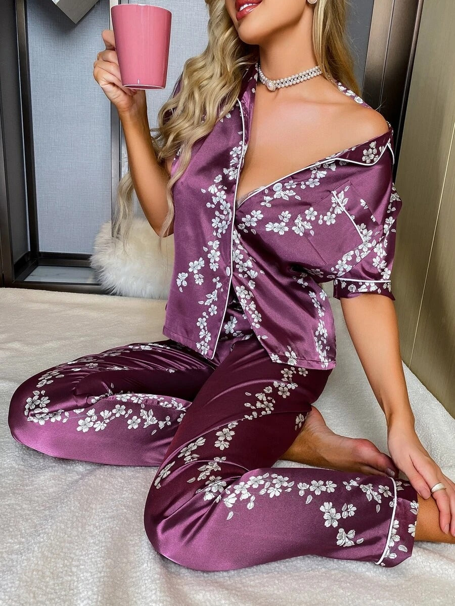 Floral Print Button Through Satin Pajama Set-Soco Hoodie