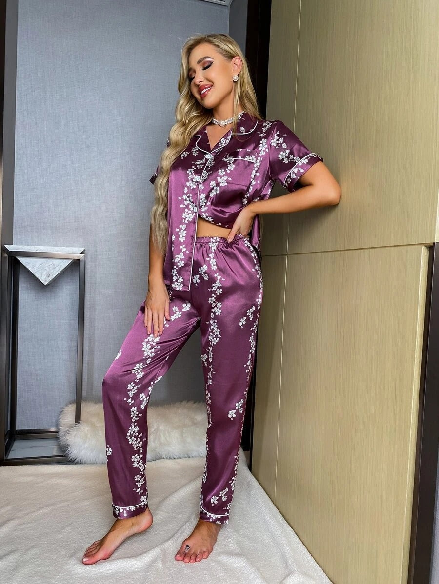 Floral Print Button Through Satin Pajama Set-Soco Hoodie