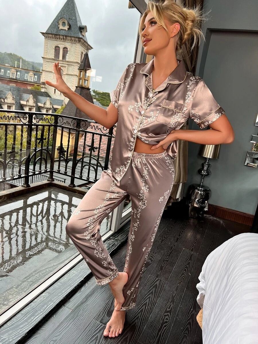 Floral Print Button Through Satin Pajama Set-Soco Hoodie