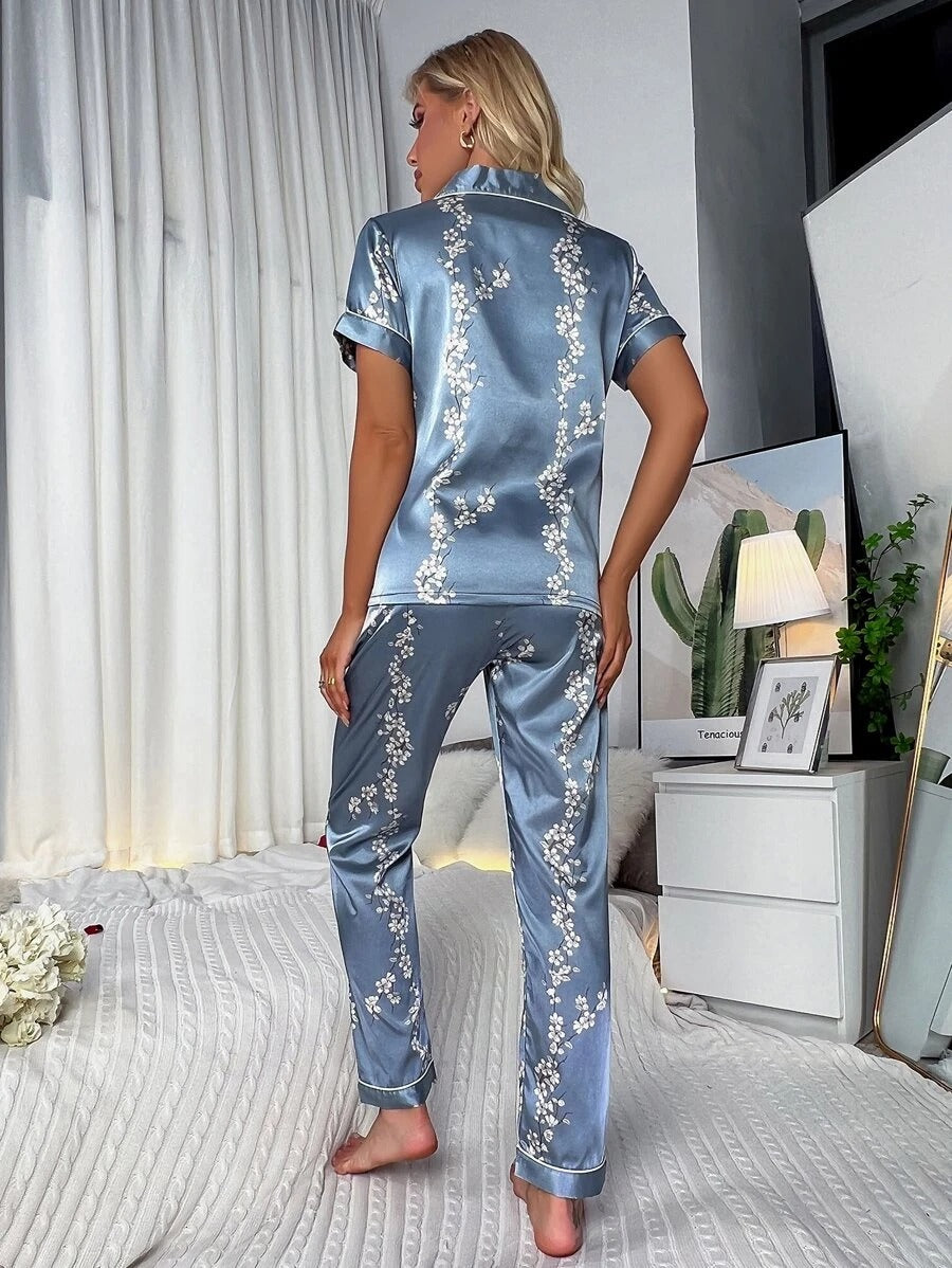 Floral Print Button Through Satin Pajama Set-Soco Hoodie