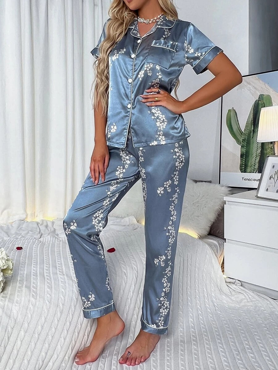 Floral Print Button Through Satin Pajama Set-Soco Hoodie
