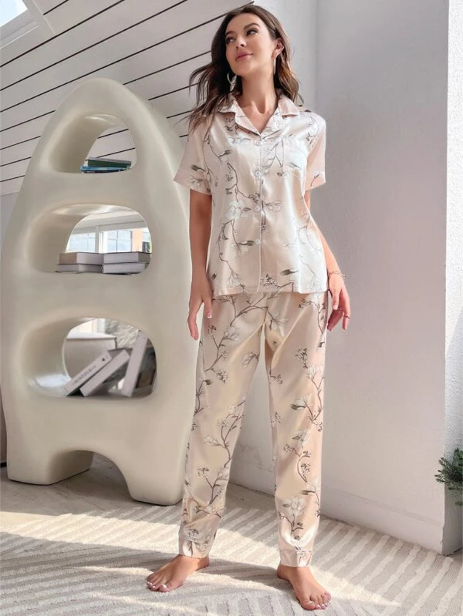Floral Print Contrast Piping Satin Blouse And Pants Set-Soco Hoodie