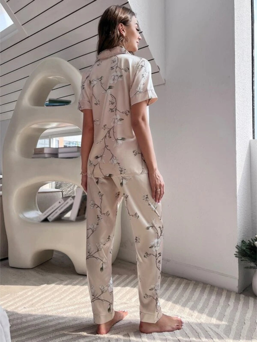 Floral Print Contrast Piping Satin Blouse And Pants Set-Soco Hoodie