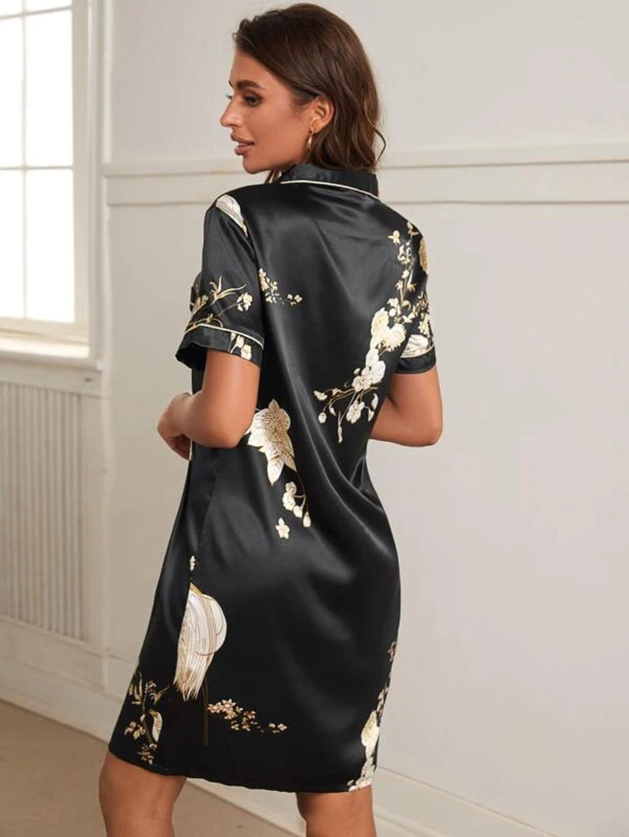 Floral Print Contrast Piping Satin Night Dress-Soco Hoodie