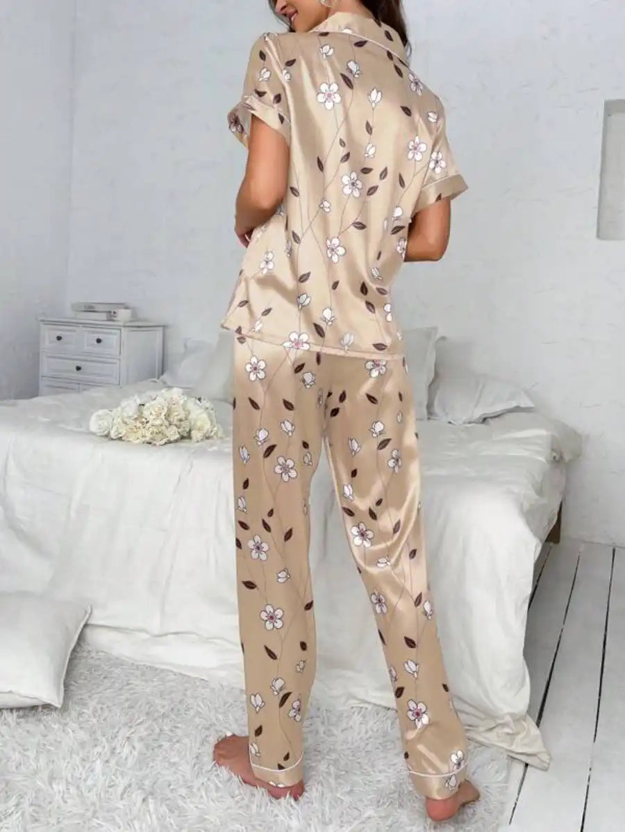 Floral Print Contrast Piping Satin Pajama Set-Soco Hoodie